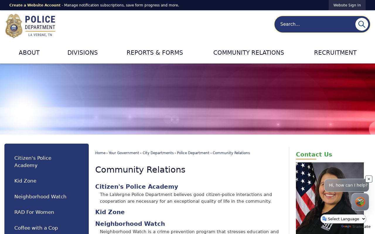 La Vergne neighbors community relations and Neighborhood Watch contact page